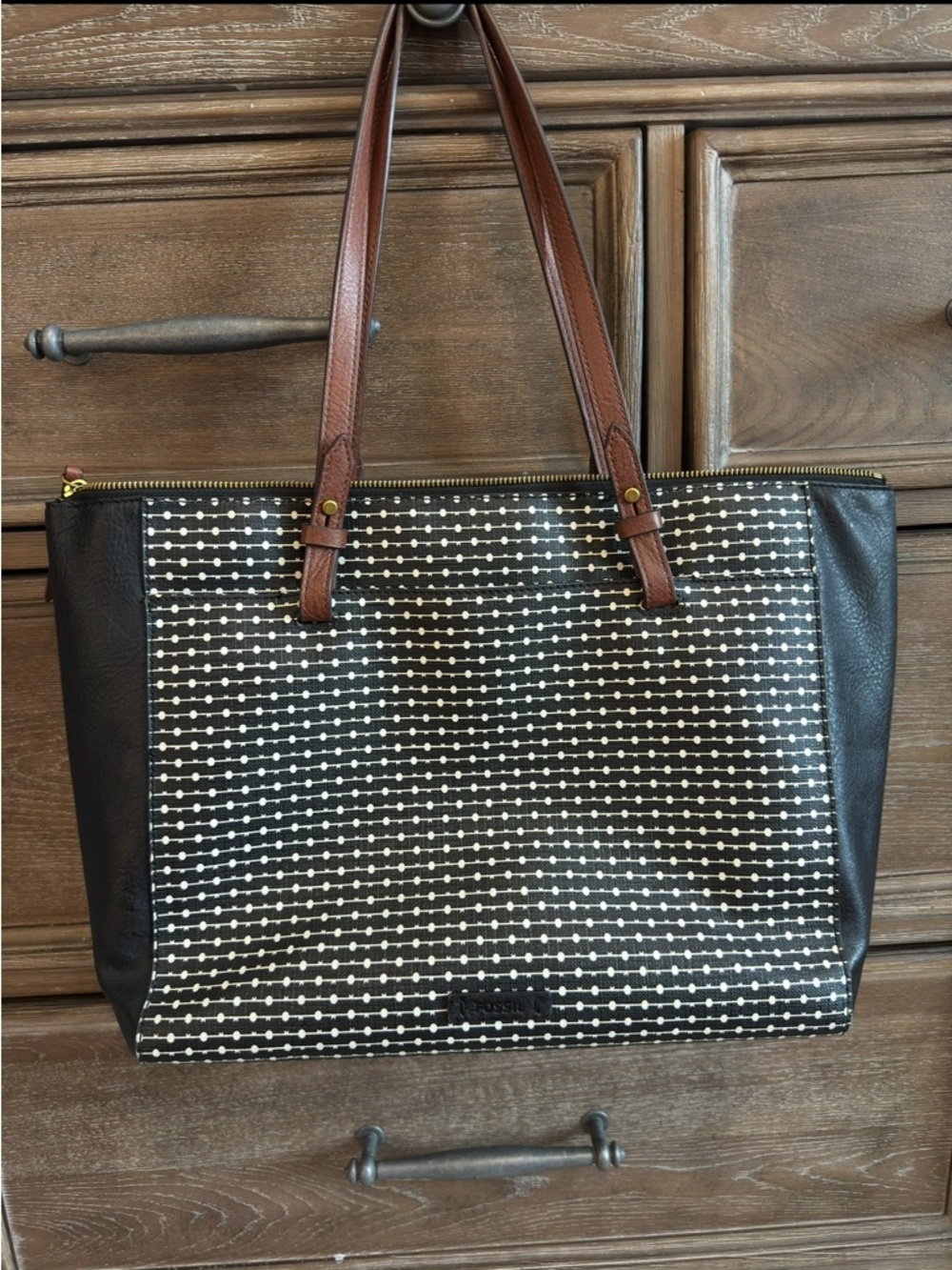 Fossil Black and White Patterned Tote Bag with Brown Handles
